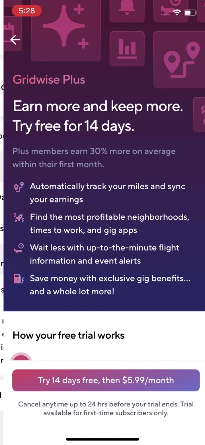 Gridwise: Gig Driver Assistant paywall screenshot
