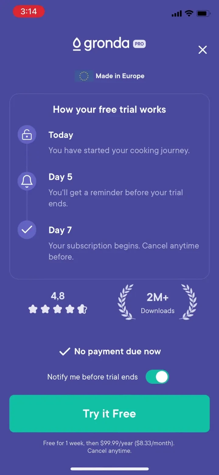 Gronda: Recipes for Chefs paywall screenshot