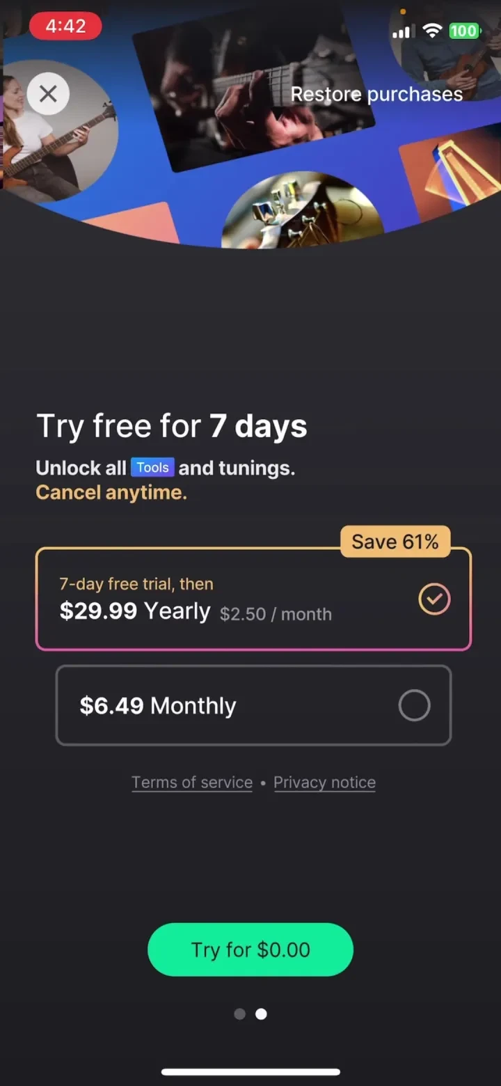 GuitarTuna: Tune & Play Guitar paywall screenshot