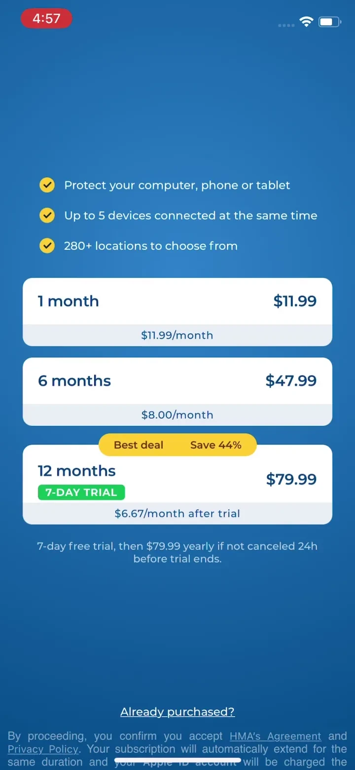 HMA Hotspot VPN & Proxy paywall screenshot