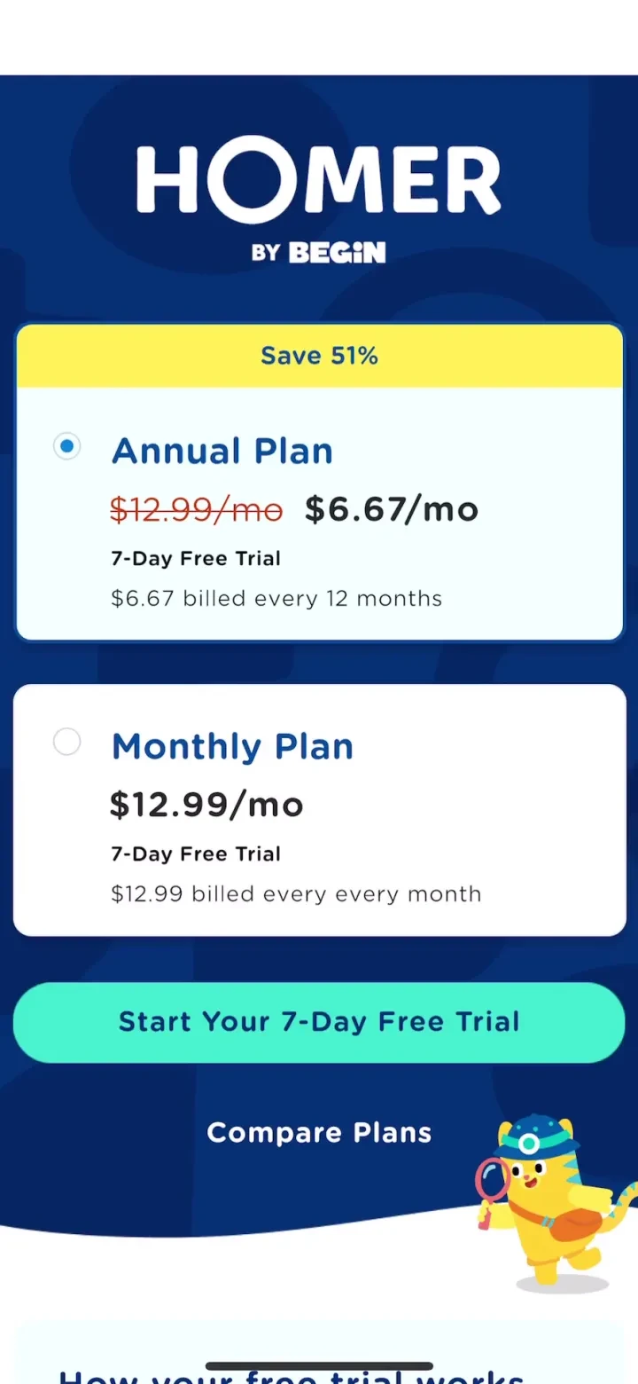HOMER: Fun Learning For Kids paywall screenshot