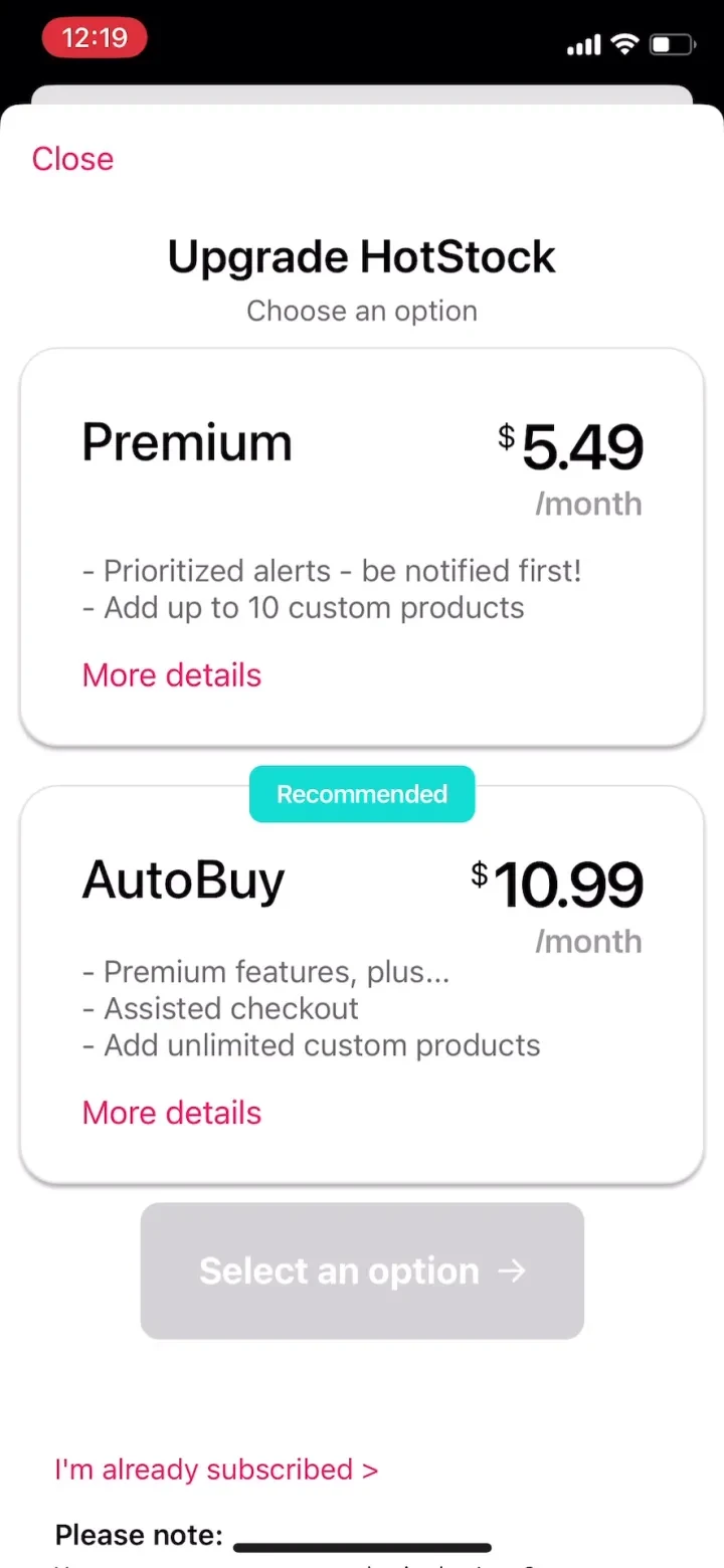 HotStock - in-stock alerts paywall screenshot