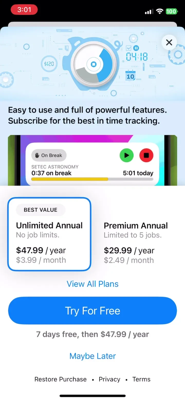 Hours Tracker: Time Tracking paywall screenshot