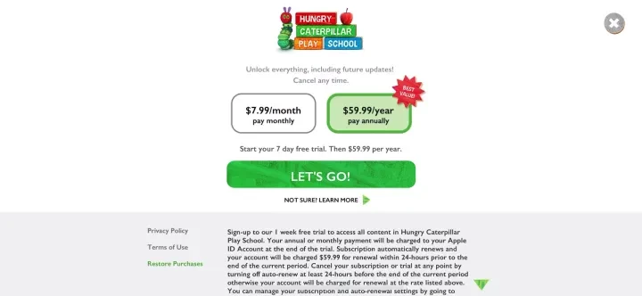 Hungry Caterpillar Play School paywall screenshot