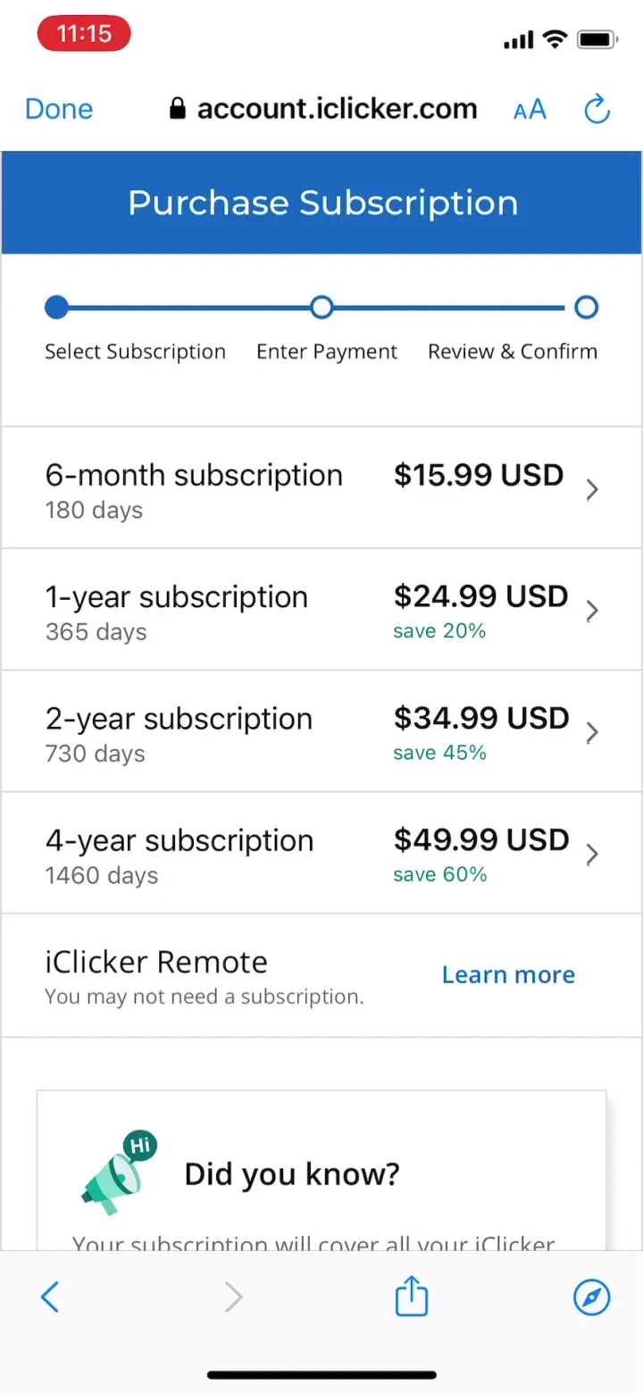 iClicker Student paywall screenshot
