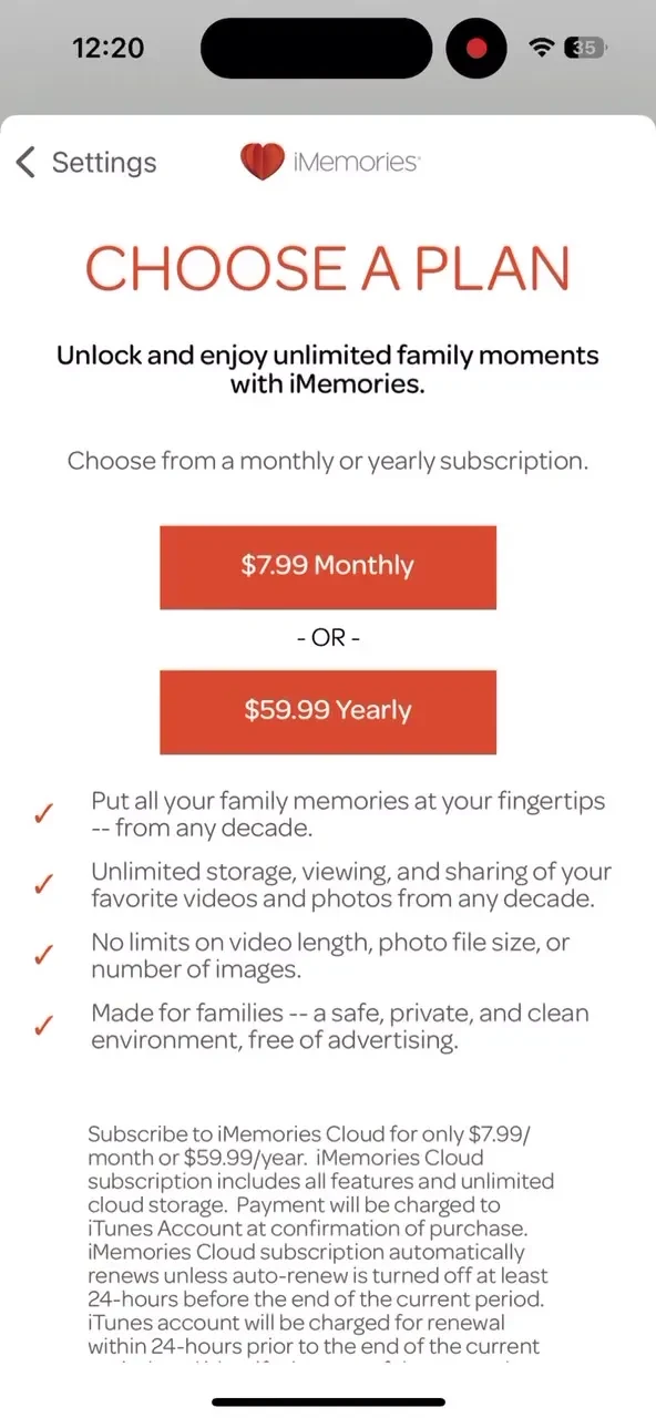 iMemories paywall screenshot