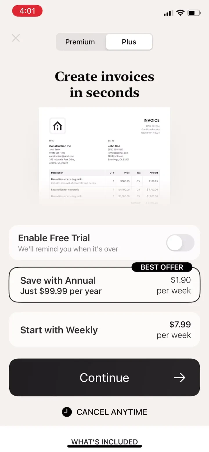 Invoice Maker ▸ Estimate App paywall screenshot