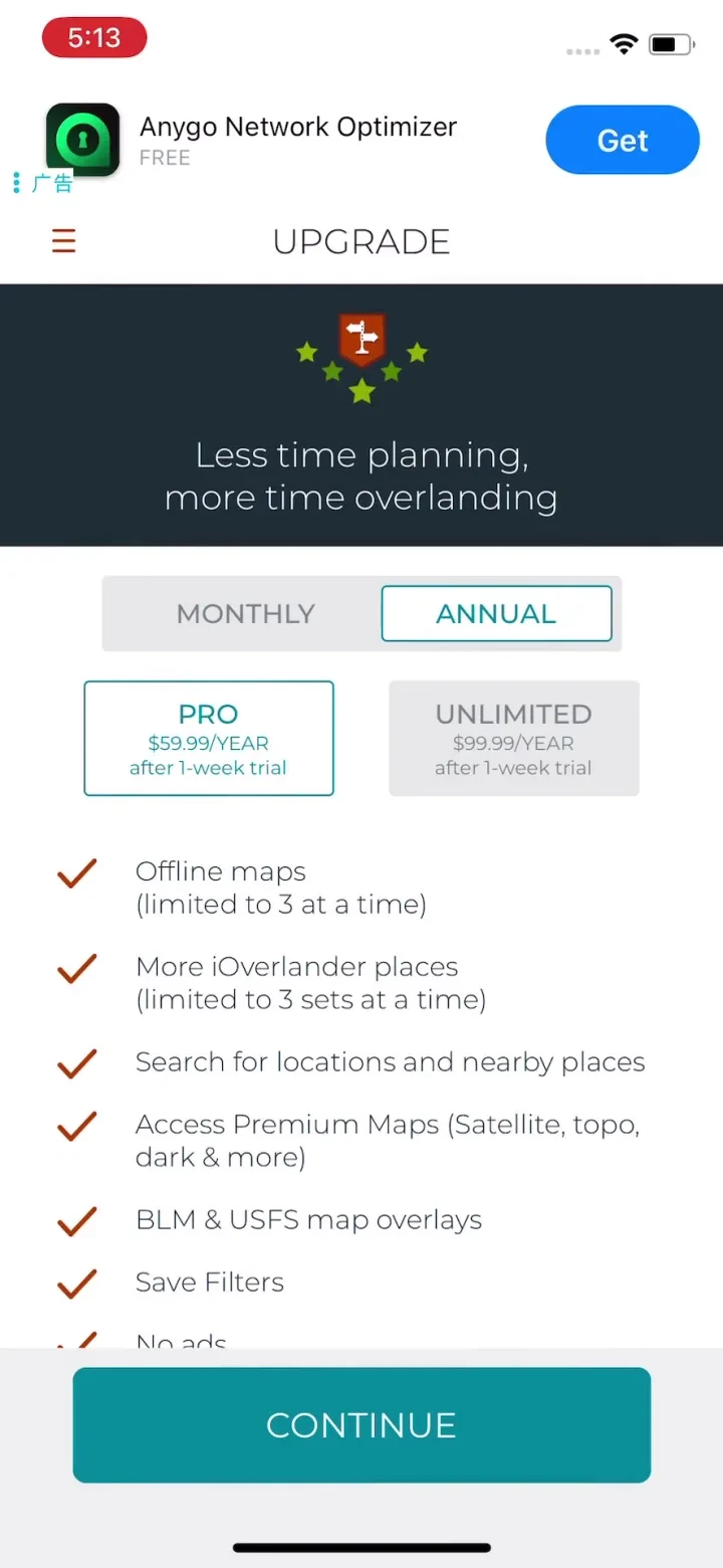 iOverlander paywall screenshot