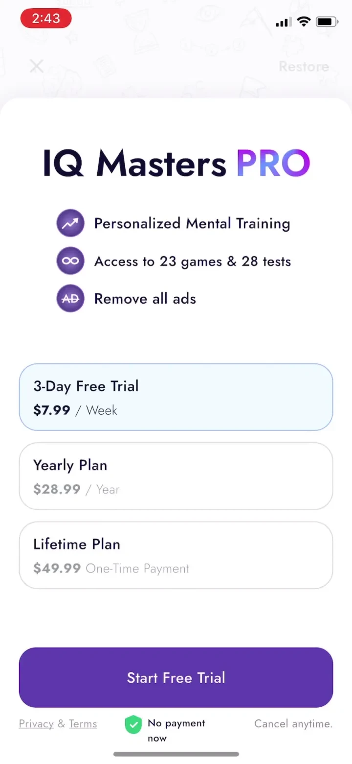 IQ Masters: Brain Games, Tests paywall screenshot