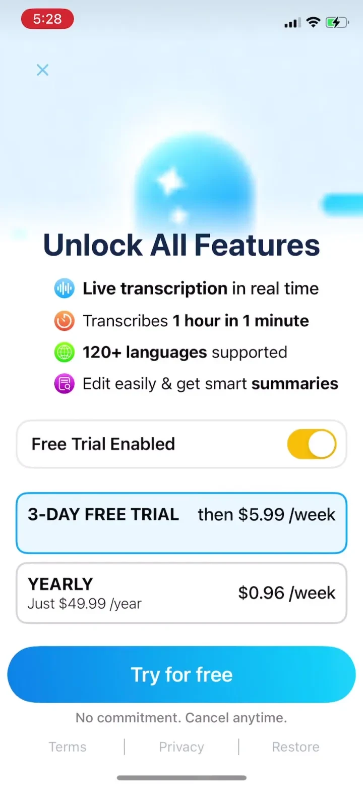 iRecord: Transcribe Voice Memo paywall screenshot