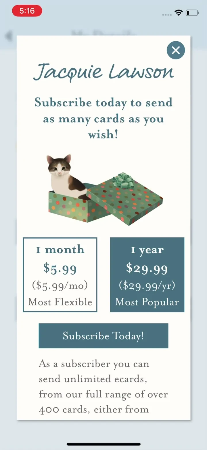 Jacquie Lawson Ecards paywall screenshot
