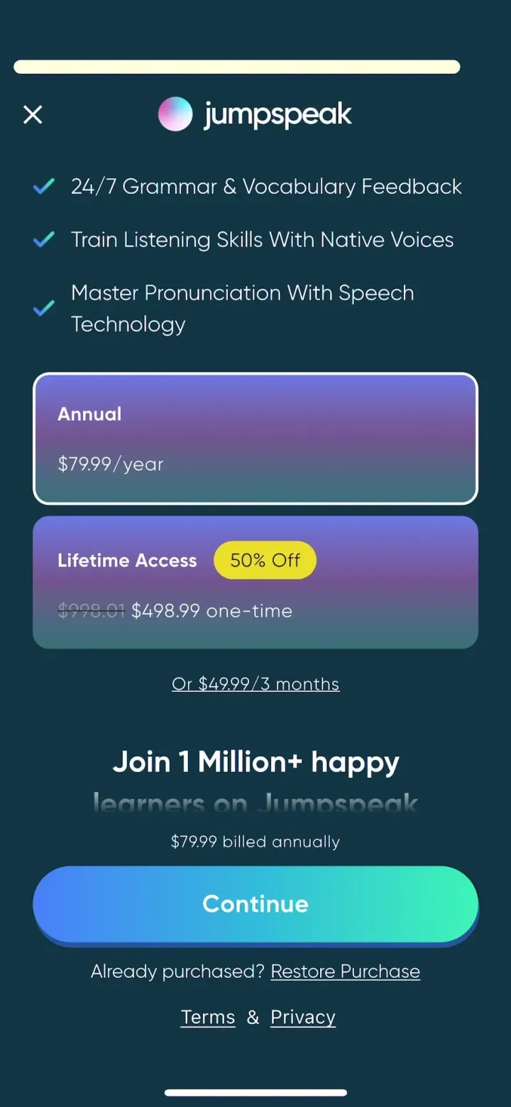 Jumpspeak | Language Learning paywall screenshot