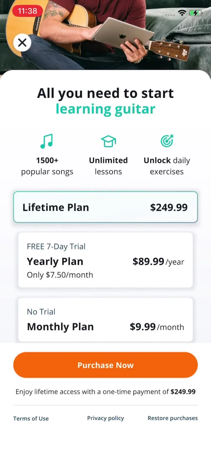 Justin Guitar Lessons & Songs paywall screenshot