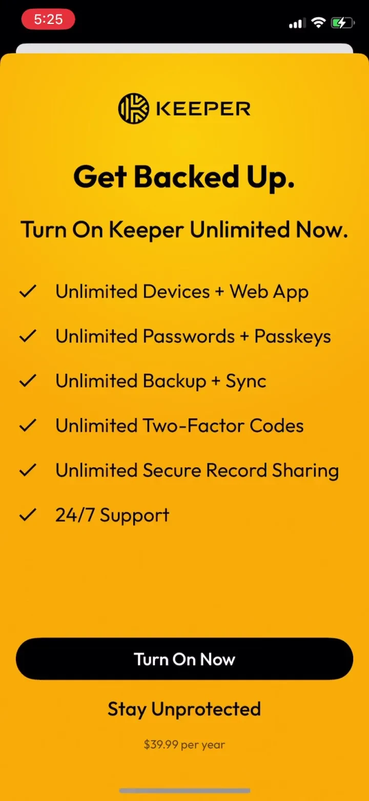 Keeper Password Manager paywall screenshot