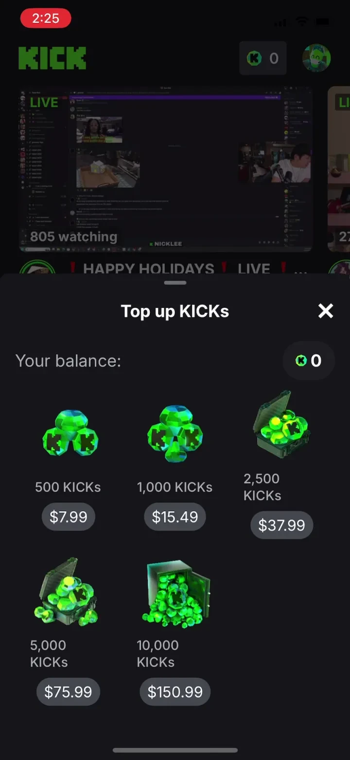 KICK - Live Streaming paywall screenshot