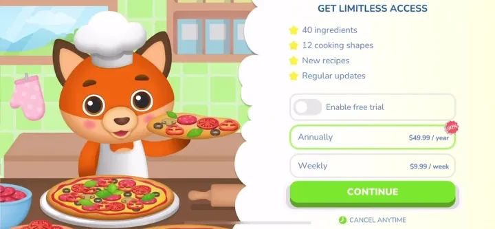 Kids cooking games 2+ year old paywall screenshot