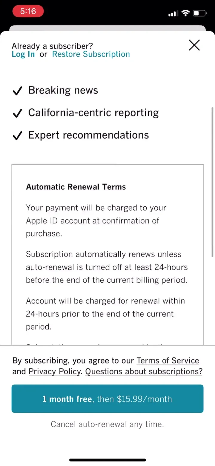LA Times paywall screenshot