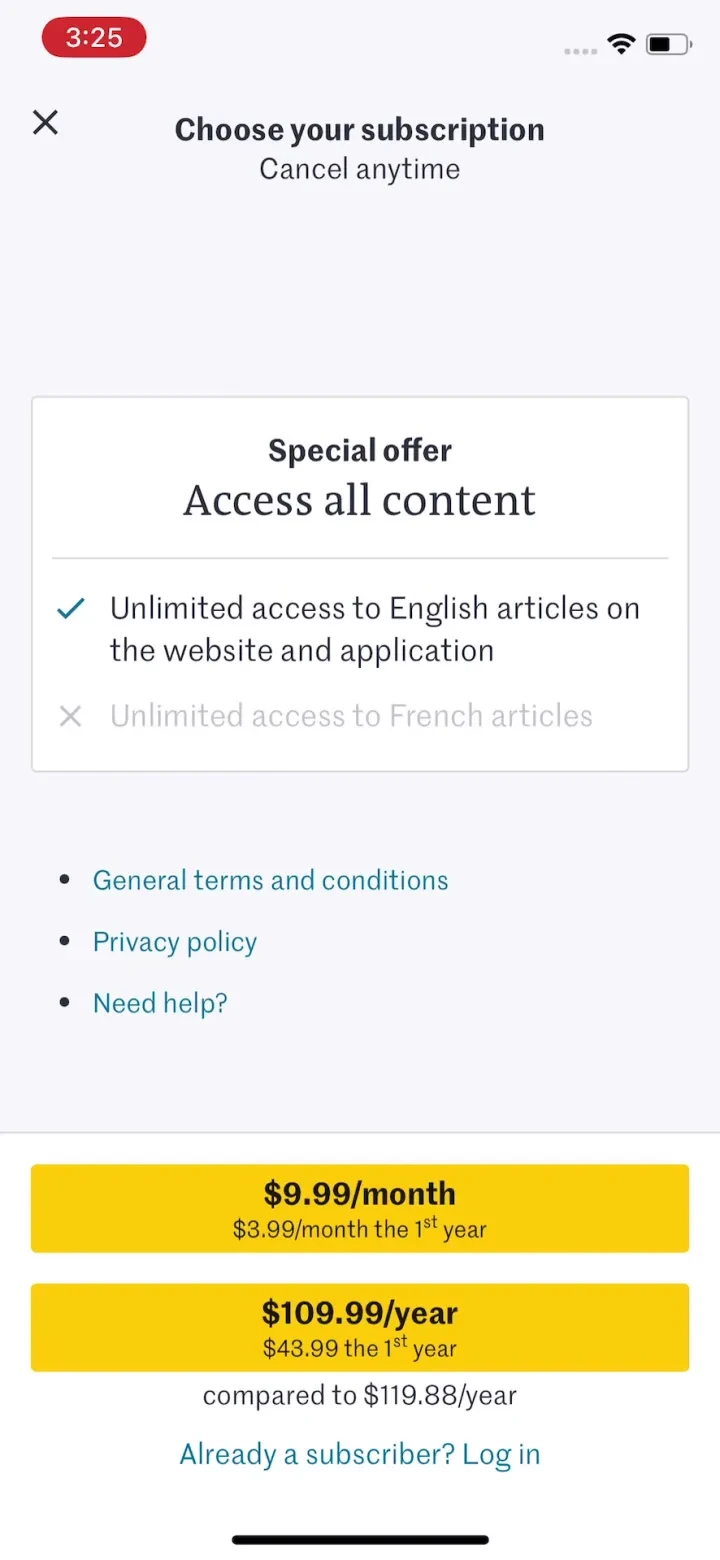 Le Monde, Live News paywall screenshot