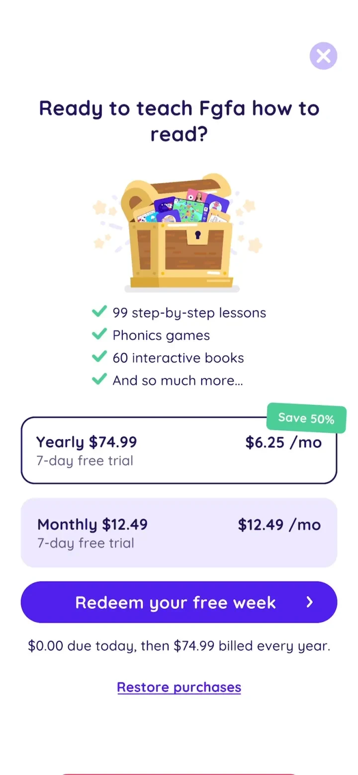 Learn to Read - Reading.com paywall screenshot