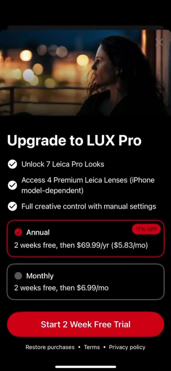 Leica LUX - Pro Manual Camera paywall screenshot