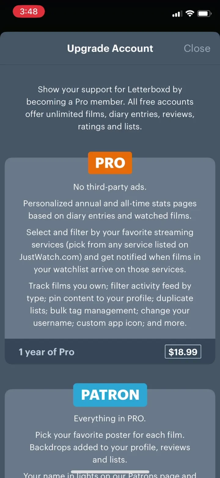 Letterboxd paywall screenshot