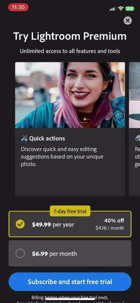 Lightroom: AI Photo Editor paywall screenshot