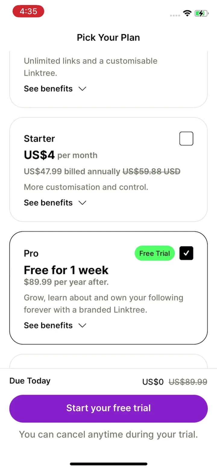 Linktree: Link in Bio Creator paywall screenshot