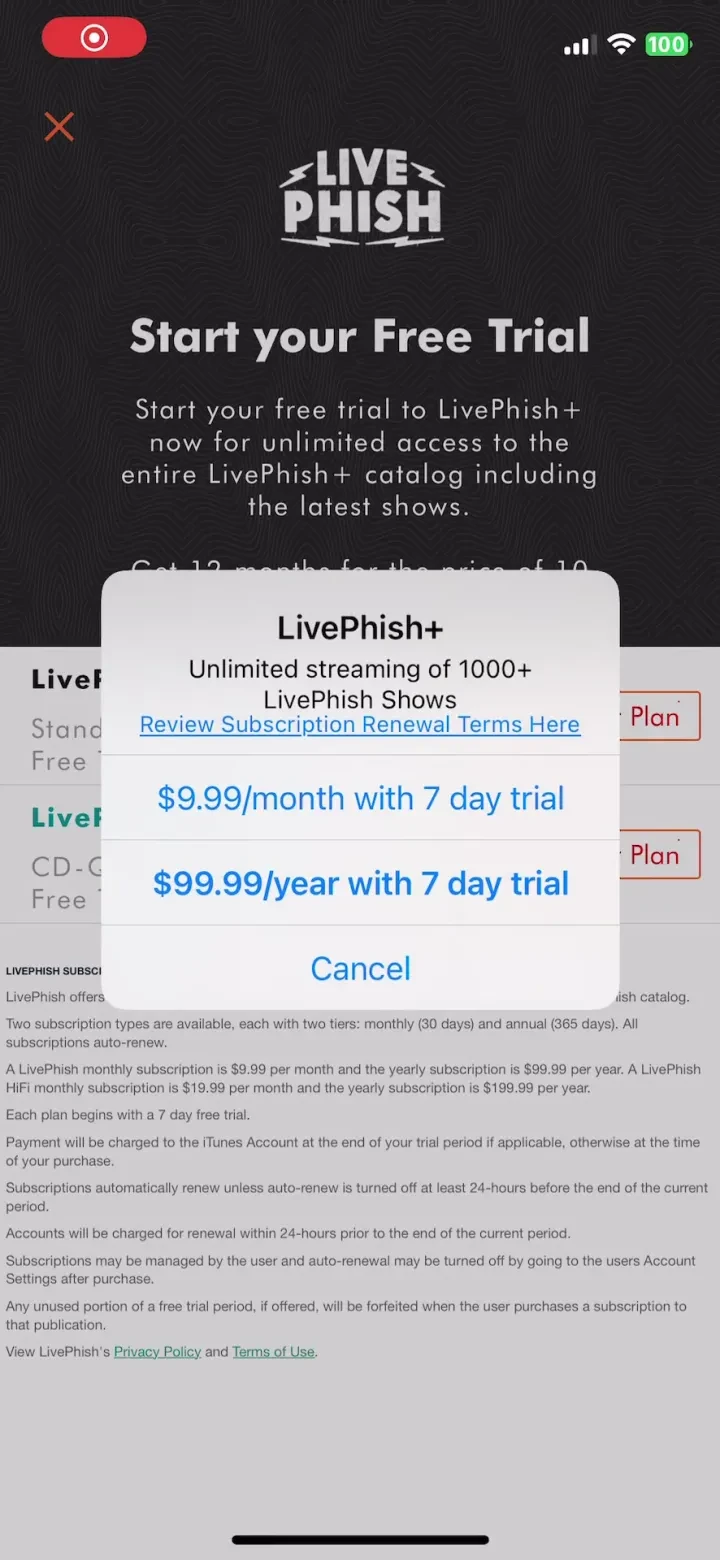 LivePhish paywall screenshot