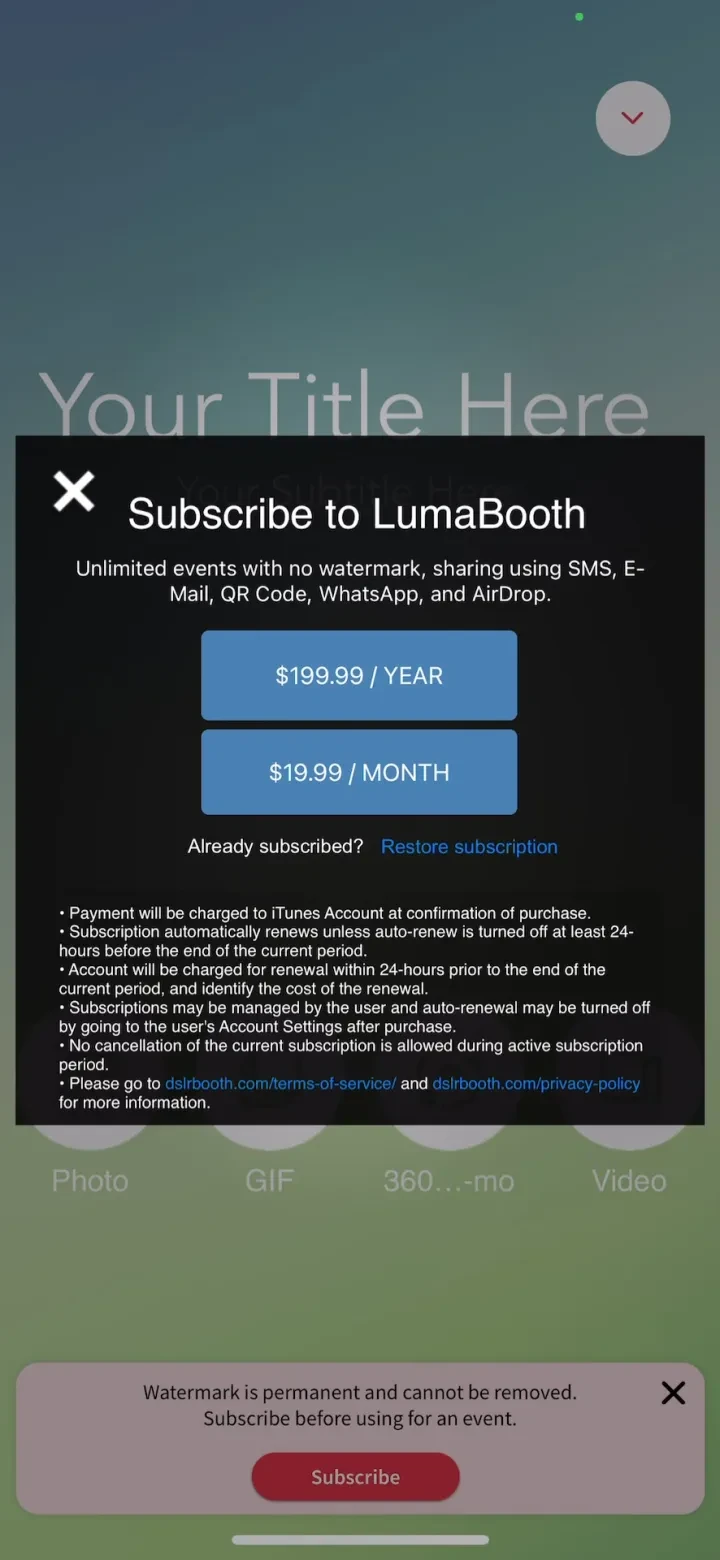 LumaBooth Event Photo Booth paywall screenshot