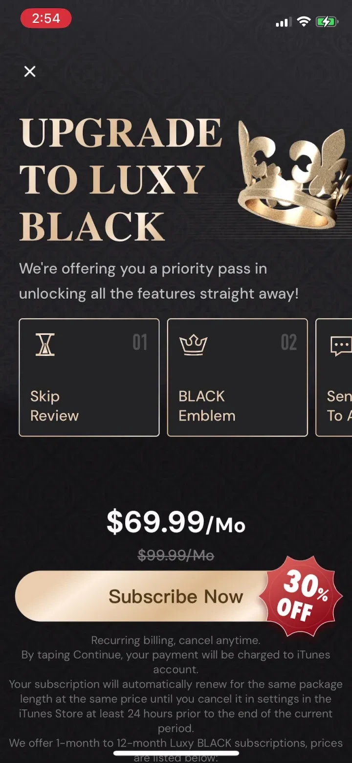 Luxy - Selective Dating App paywall screenshot