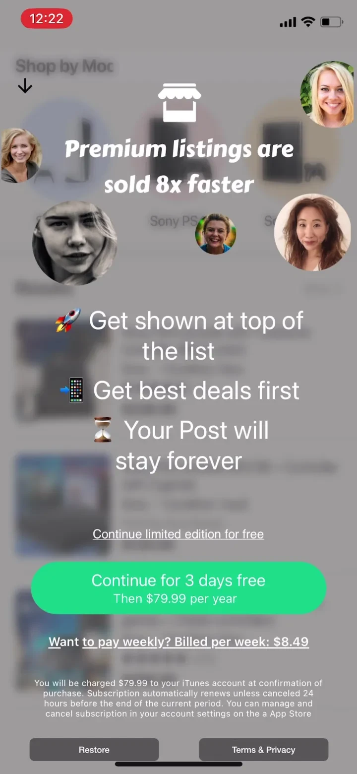 Marketplace  Buy and sell paywall screenshot