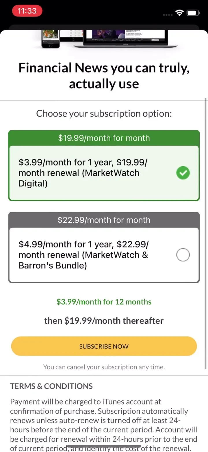 MarketWatch - News & Data paywall screenshot