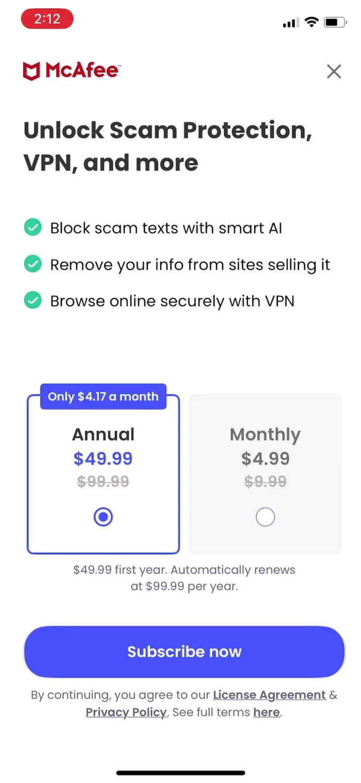 McAfee: Stay Secure & Private paywall screenshot