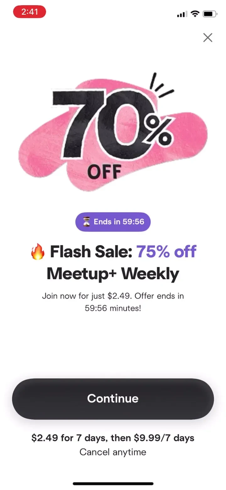 Meetup: Social Events & Groups paywall screenshot