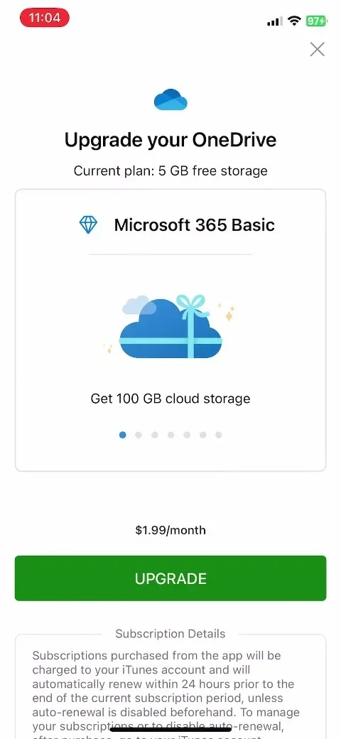 Microsoft OneDrive paywall screenshot