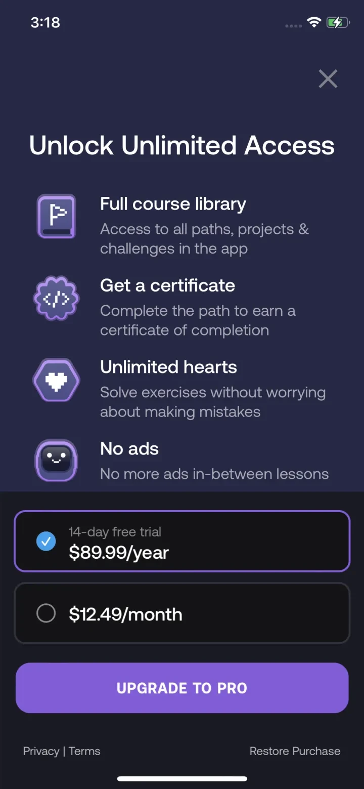 Mimo: Learn Coding/Programming paywall screenshot