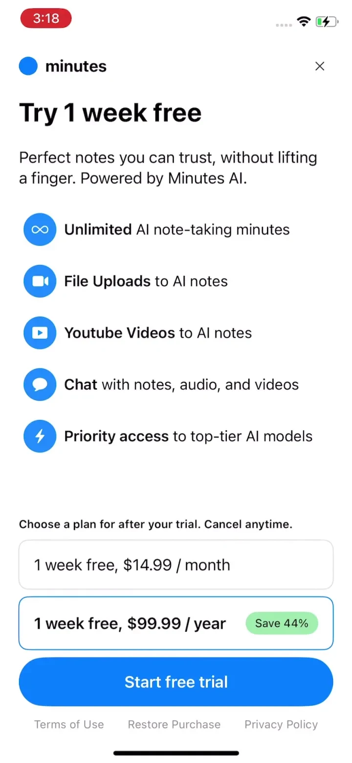 Minutes: AI Meeting Note Taker paywall screenshot