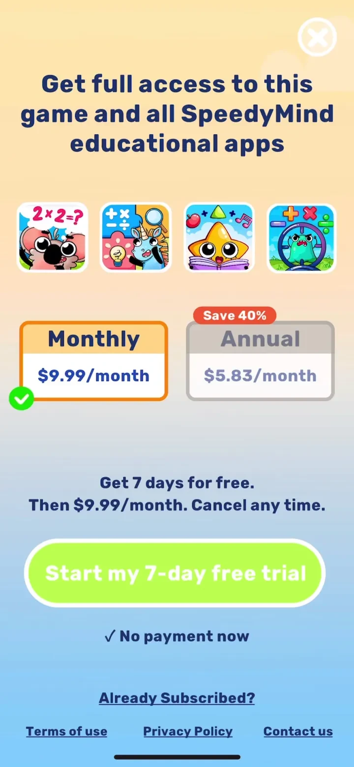 Multiplication Games For Kids. paywall screenshot