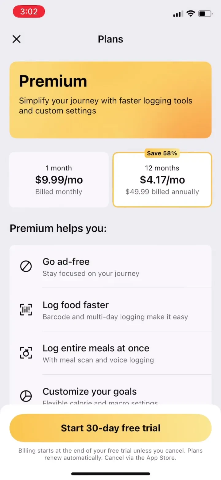 MyFitnessPal: Calorie Counter paywall screenshot