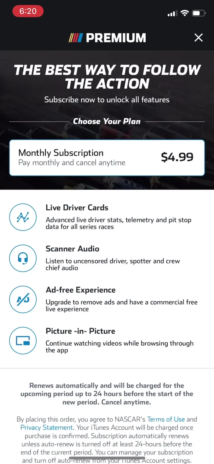 NASCAR MOBILE paywall screenshot