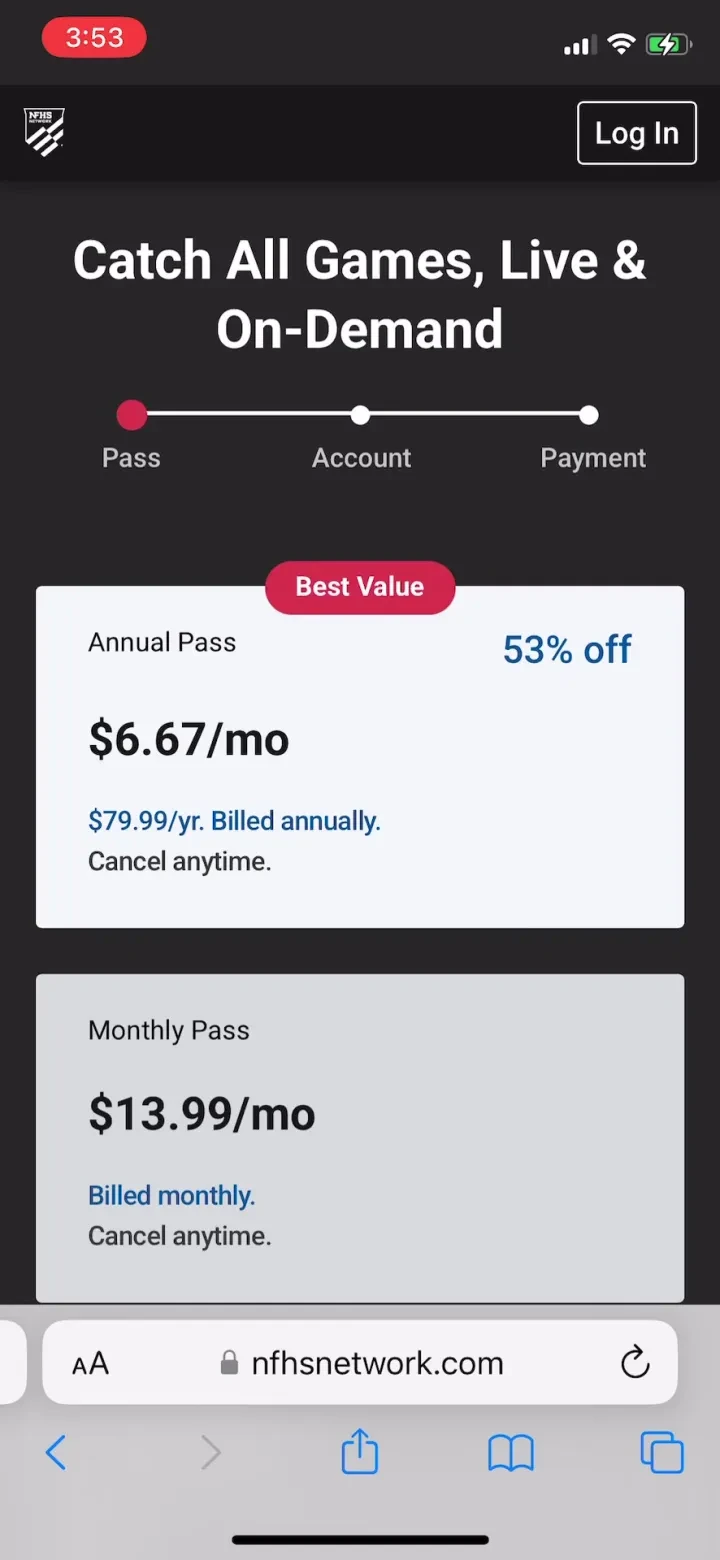 NFHS Network paywall screenshot