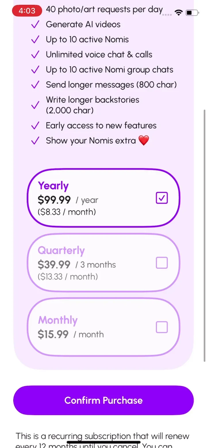 Nomi: AI Companion with a Soul paywall screenshot