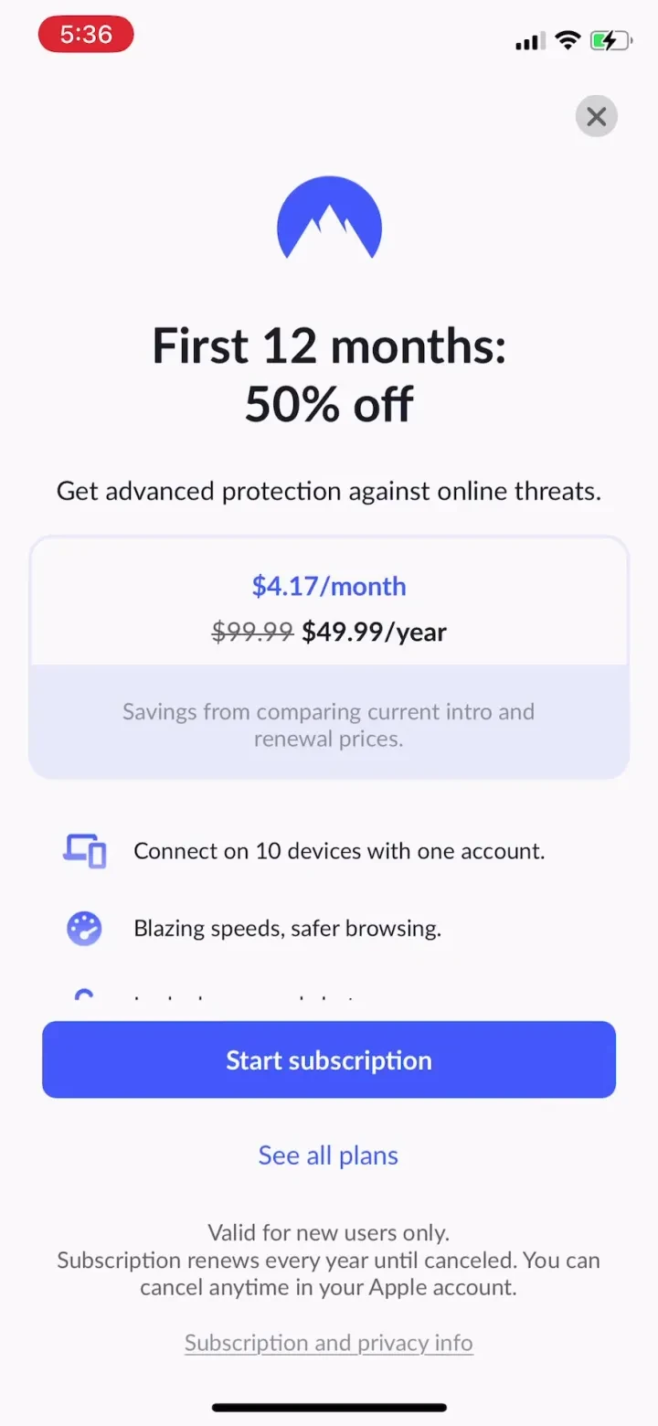 NordVPN: VPN Fast & Secure paywall screenshot