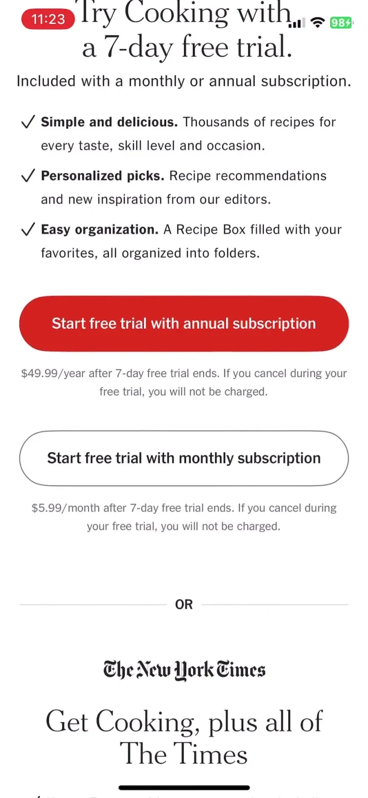 NYT Cooking: Quick Tasty Meals paywall screenshot