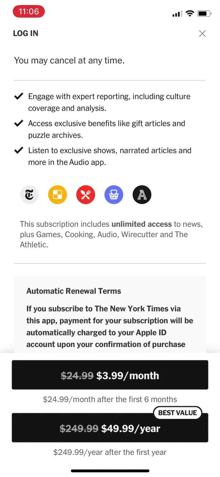 NYTimes: US and Global News paywall screenshot