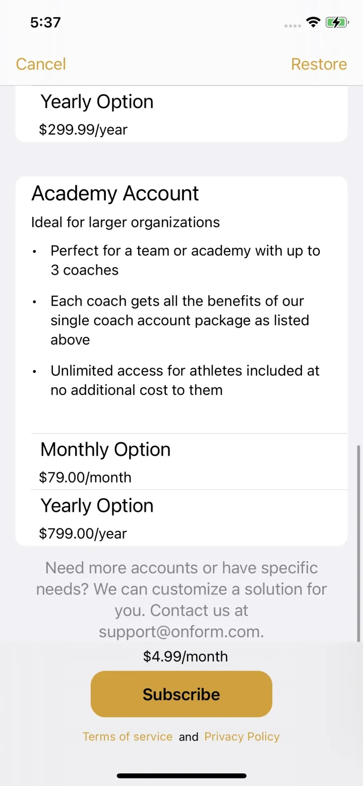 Onform: Video Analysis App paywall screenshot