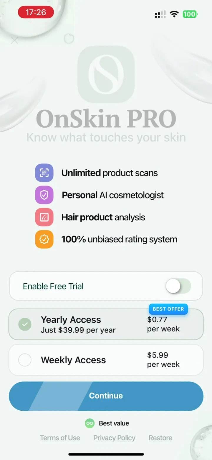 OnSkin: Beauty Product Scanner paywall screenshot