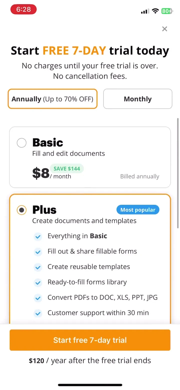 pdfFiller: edit PDF documents paywall screenshot