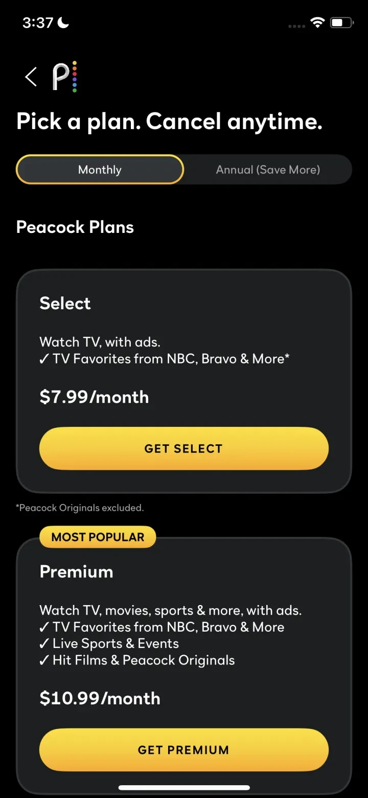 Peacock TV: Stream TV & Movies paywall screenshot