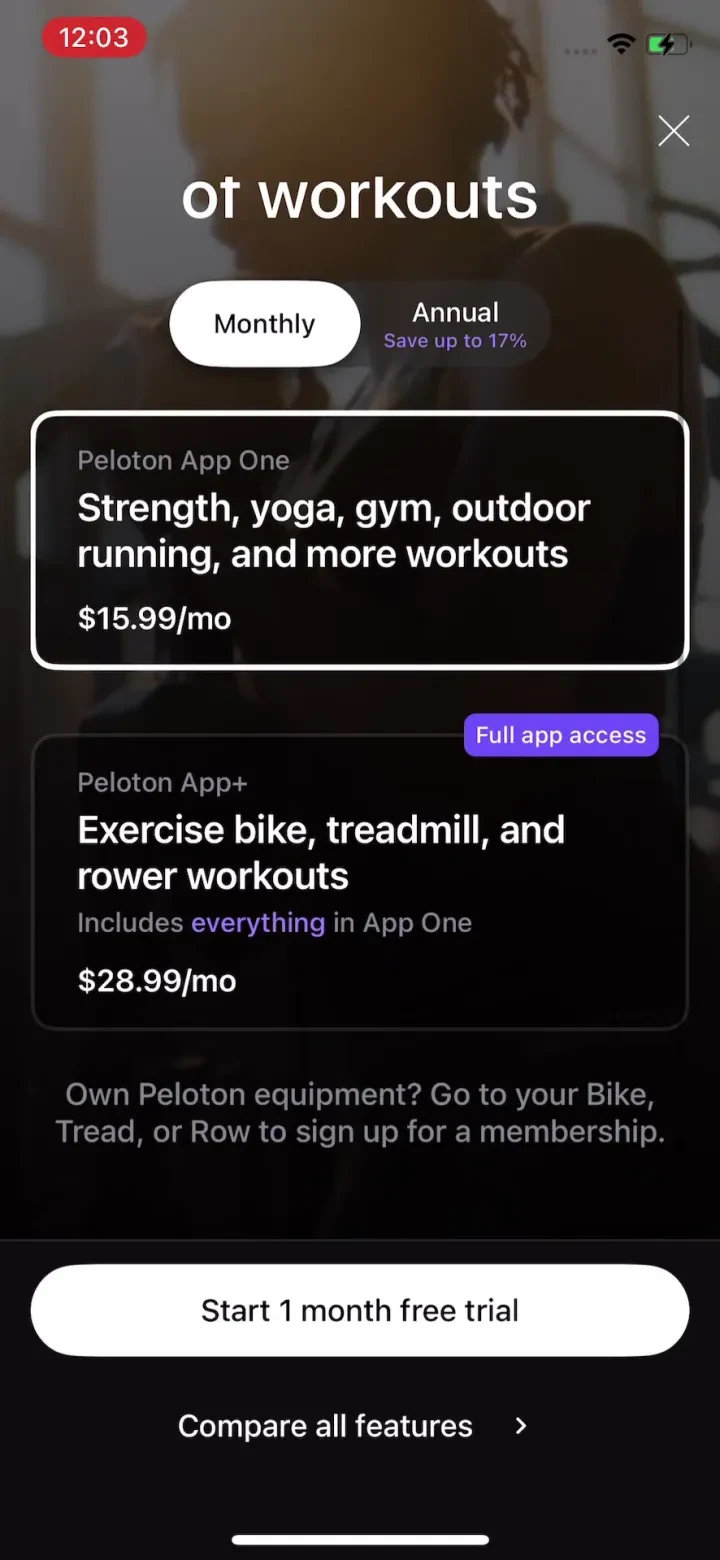 Peloton: Fitness & Workouts paywall screenshot